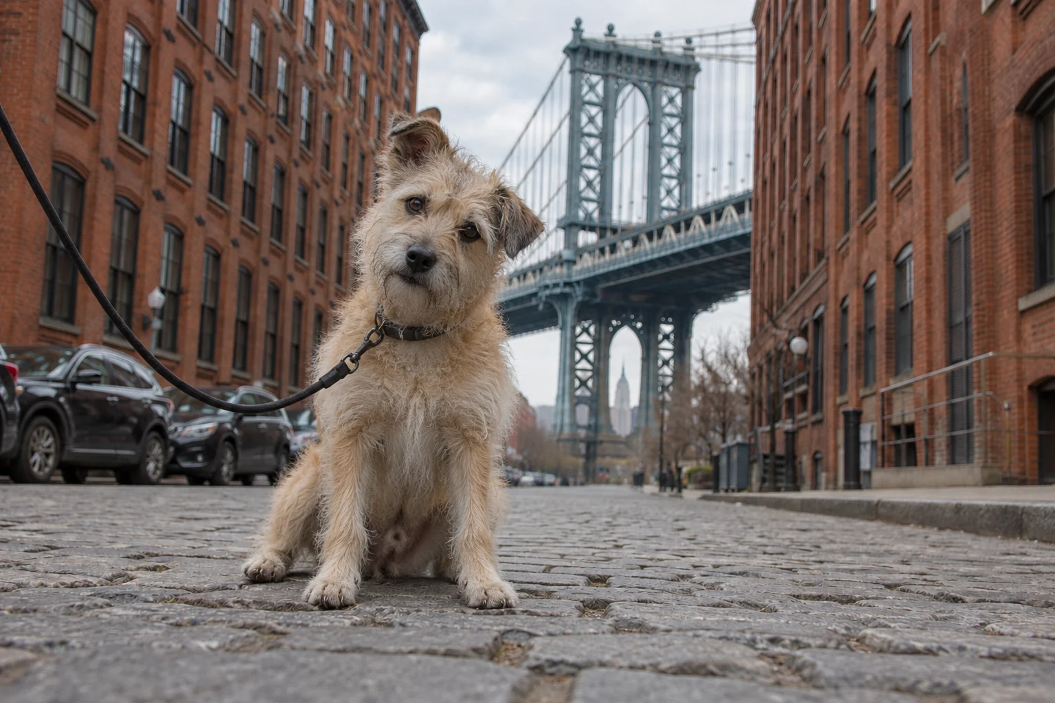 Curious terrier on DUMBO cobblestones with the Manhattan Bridge behind it