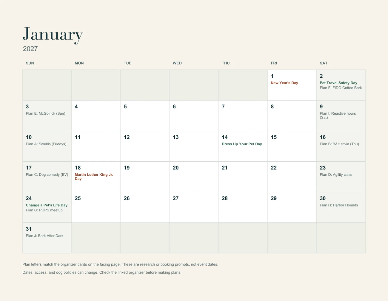 January 2027 calendar grid with dog outing suggestions on weekends