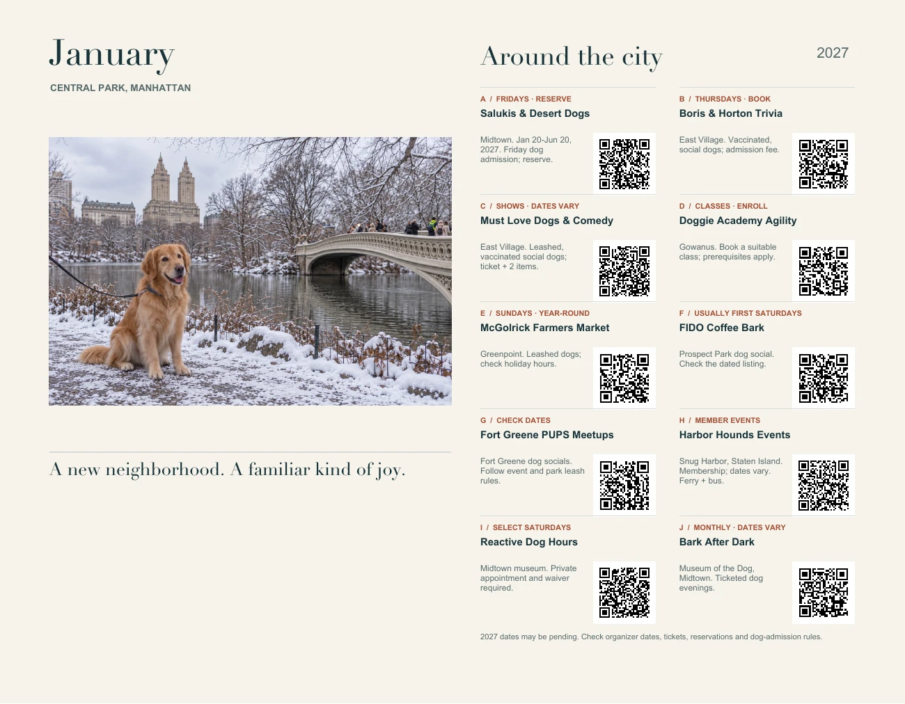January calendar page with a Central Park dog scene, local outing ideas, and organizer QR codes